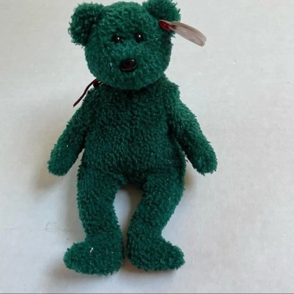 TY Beanie Baby 2001 Holiday Teddy Bear Green Sparkle Vintage Plush Christmas - Picture 1 of 6